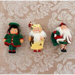 3 Swedish Tomte Christmas Hanging Fabric Ornaments Santa Claus & Elf Whimsical